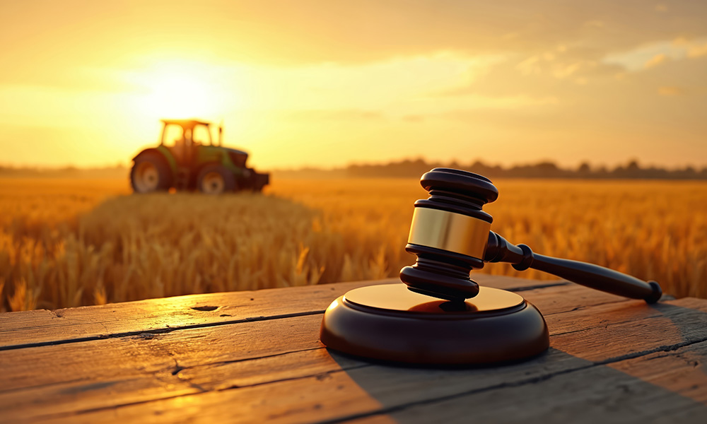 law mallot on table at farm with a tractor in the background.